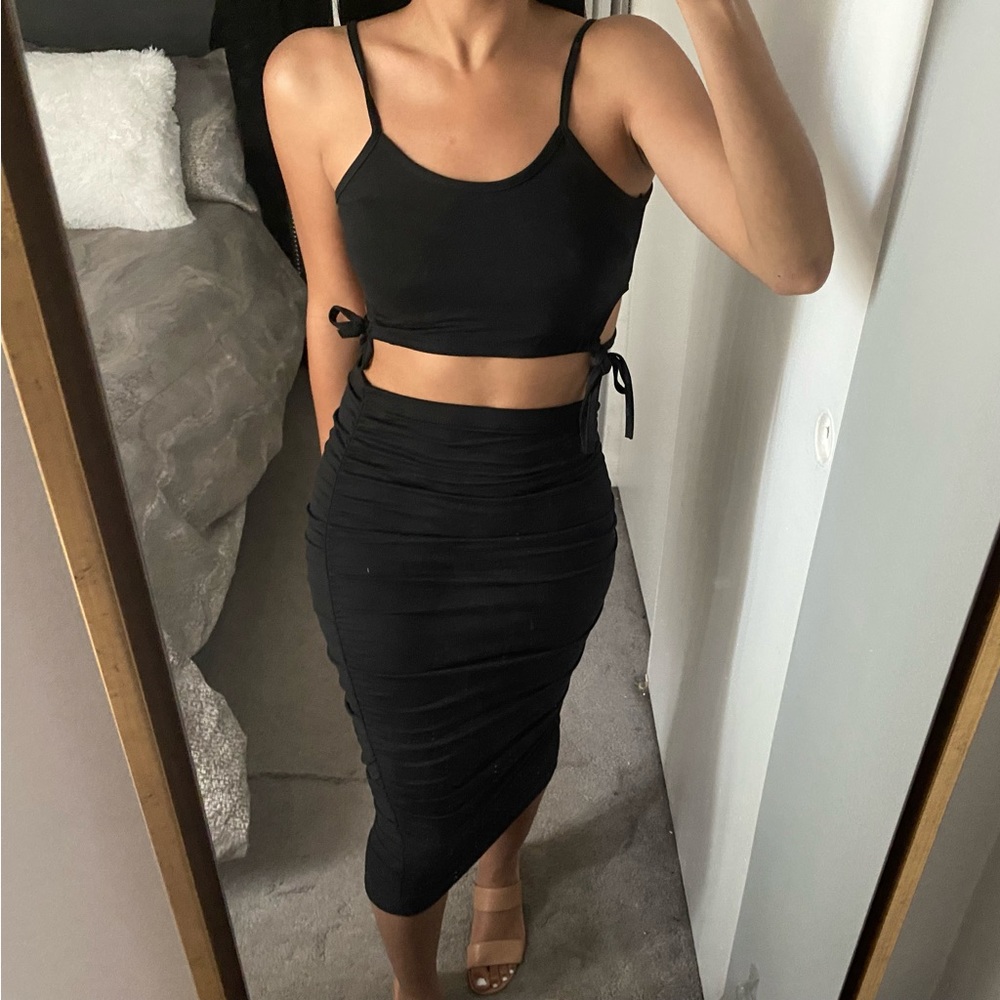 LAST ONE | NEW "Be Mine" Sexy Black Crop Top & Ruched Midi Skirt Matching Set